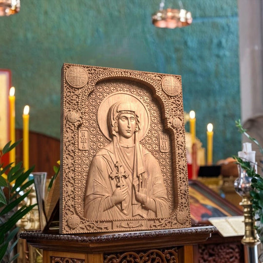Saint Marina Wooden Carved Handcrafted Christian Religious Icon. Byzantine Home Wall Art Decor Gift. Orthodox Greek Woodcarving Sculpture.
