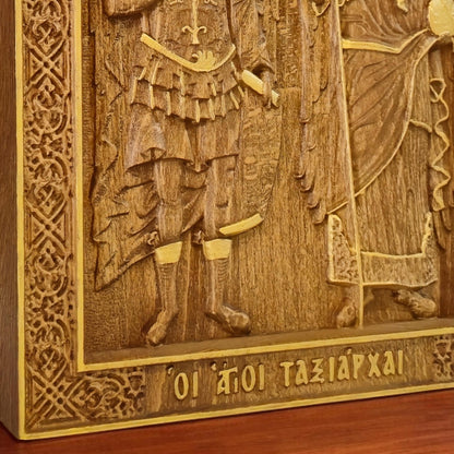 Archangels Michael and Gabriel Wooden Carved Handcrafted Christian Religious Icon. Byzantine Home Wall Art Decor Gift. Orthodox Greek Woodcarving Sculpture.