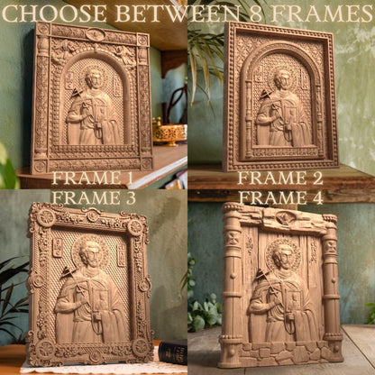 Saint Eugenios Wooden Carved Handcrafted Christian Religious Icon. Byzantine Home Wall Art Decor Gift. Orthodox Greek Woodcarving Sculpture.