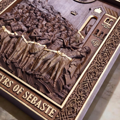 Forty Martyrs of Sebaste Wooden Carved Handmade Christian Icon Flat Side Golden Brown Cretan Holy Carvings