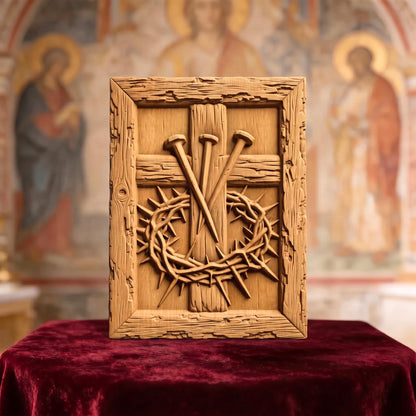 The Cross, Nails and Crown of Thorns Wooden Carved Handmade Christian Icon | Byzantine Greek Orthodox Home Decor