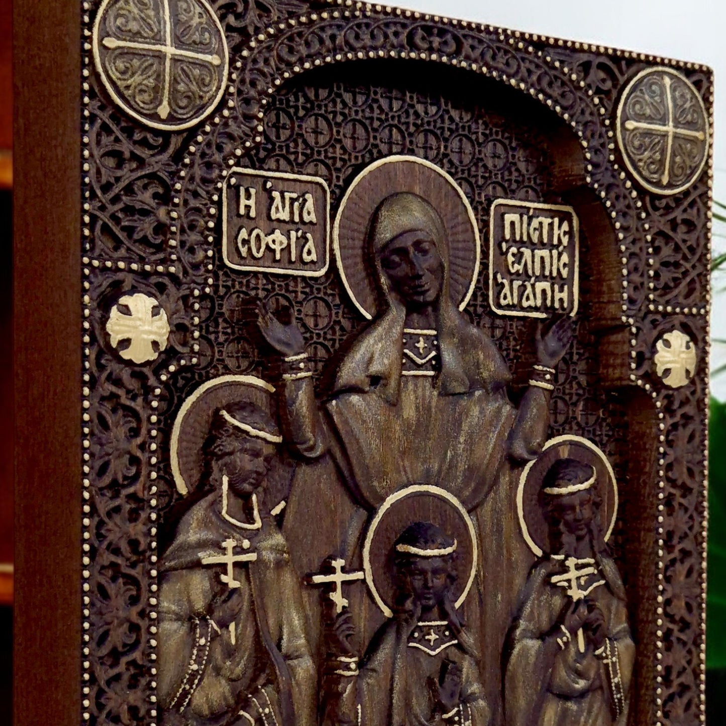 Saints Sophia Faith Hope Love Wooden Carved Handcrafted Christian Religious Icon. Byzantine Home Wall Art Decor Gift. Orthodox Greek Woodcarving Sculpture.