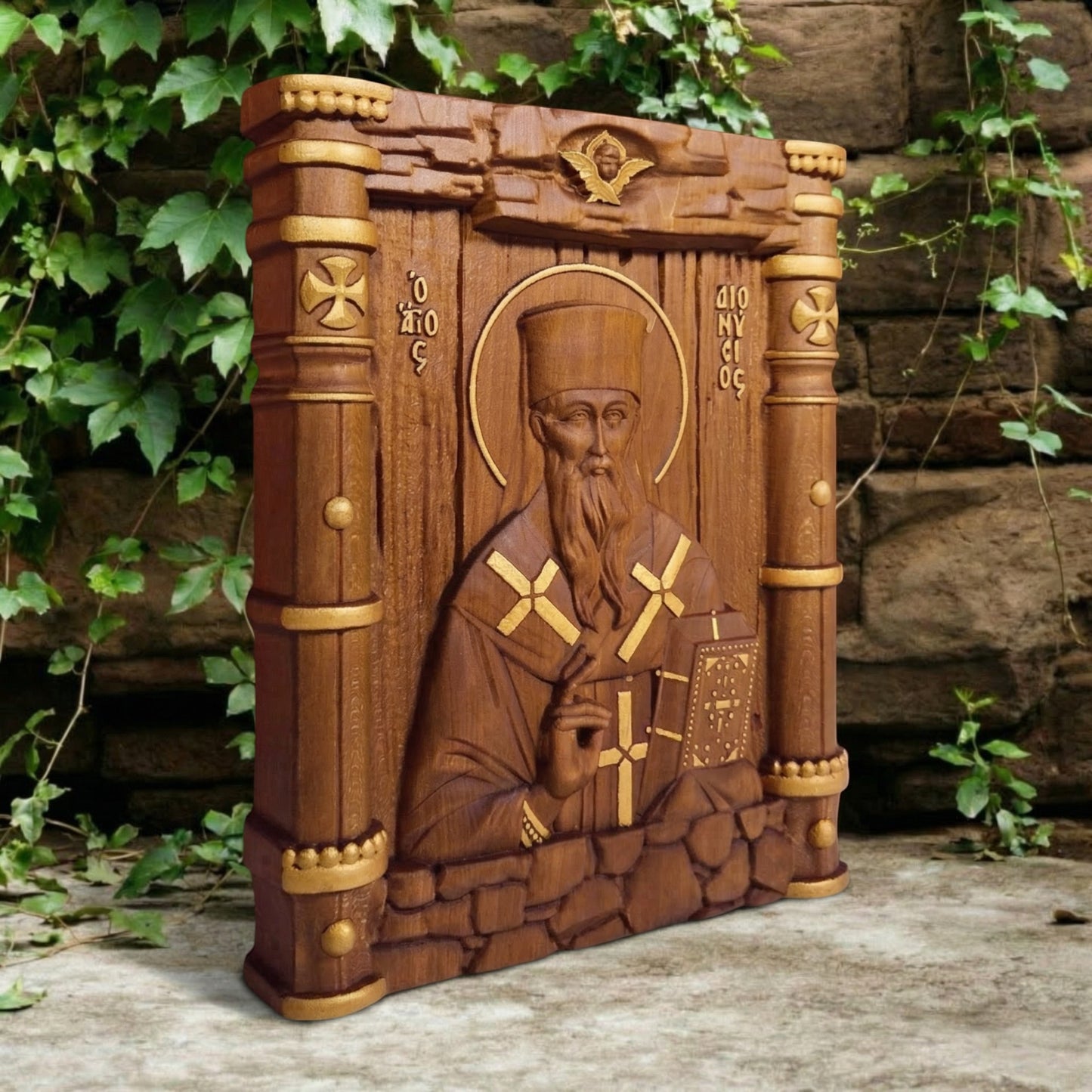 Saint Dionysios of Zakynthos Wooden Carved Handcrafted Christian Religious Icon. Byzantine Home Wall Art Decor Gift. Orthodox Greek Woodcarving Sculpture.
