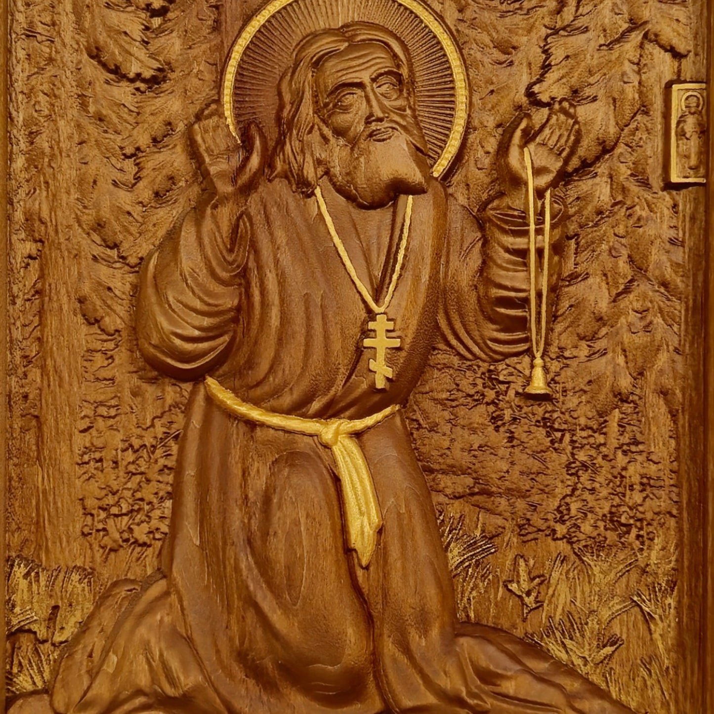 Saint Seraphim of Sarov Wooden Carved Handcrafted Christian Religious Icon. Byzantine Home Wall Art Decor Gift. Orthodox Greek Woodcarving Sculpture.