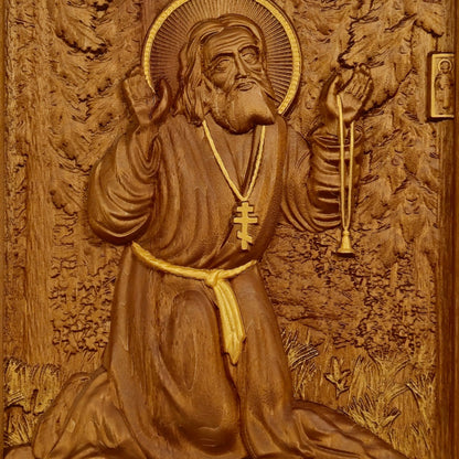Saint Seraphim of Sarov Wooden Carved Handcrafted Christian Religious Icon. Byzantine Home Wall Art Decor Gift. Orthodox Greek Woodcarving Sculpture.