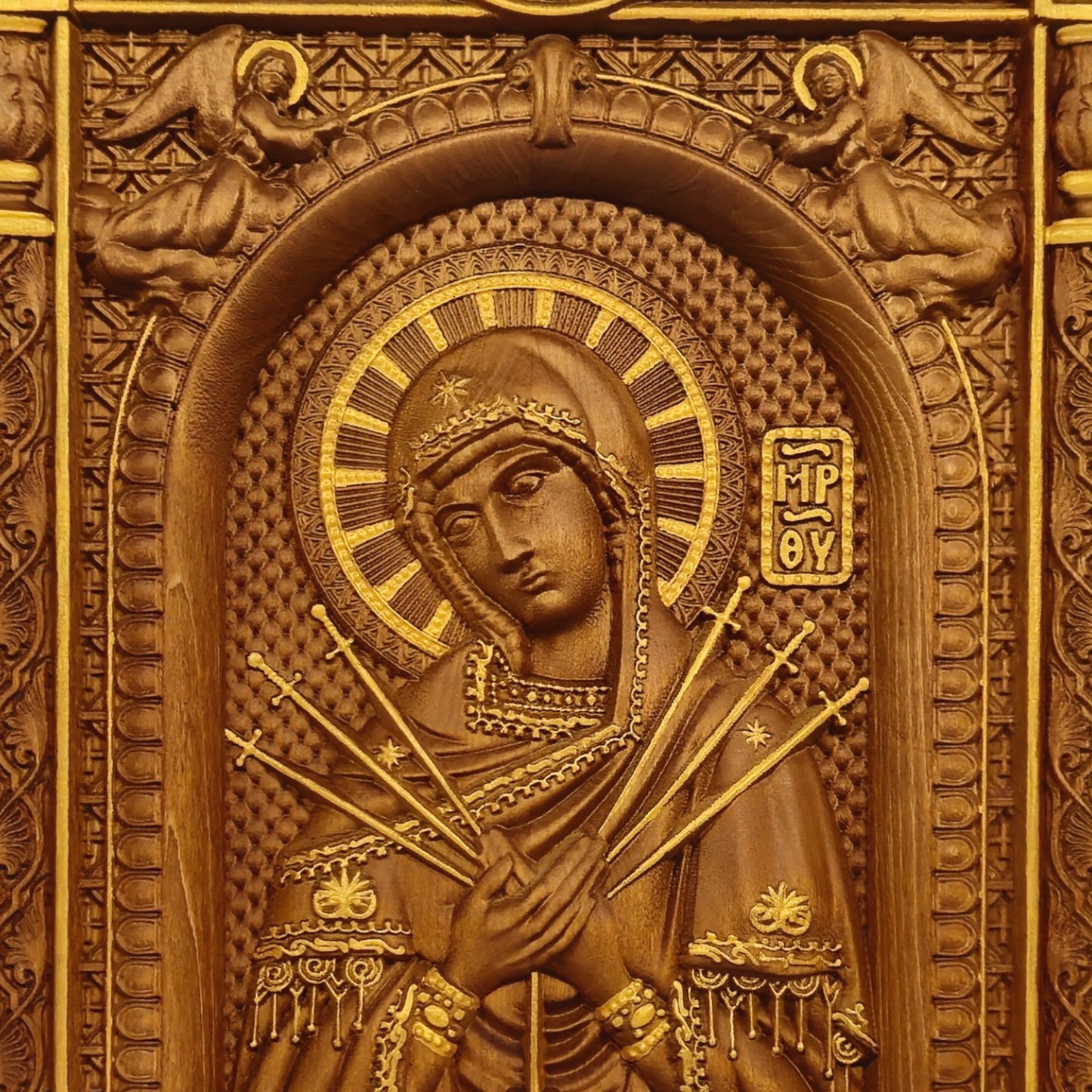 Virgin Mary of the Seven Swords Wooden Carved Handcrafted Christian Religious Icon. Byzantine Home Wall Art Decor Gift. Orthodox Greek Woodcarving Sculpture.