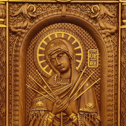 Virgin Mary of the Seven Swords Wooden Carved Handcrafted Christian Religious Icon. Byzantine Home Wall Art Decor Gift. Orthodox Greek Woodcarving Sculpture.