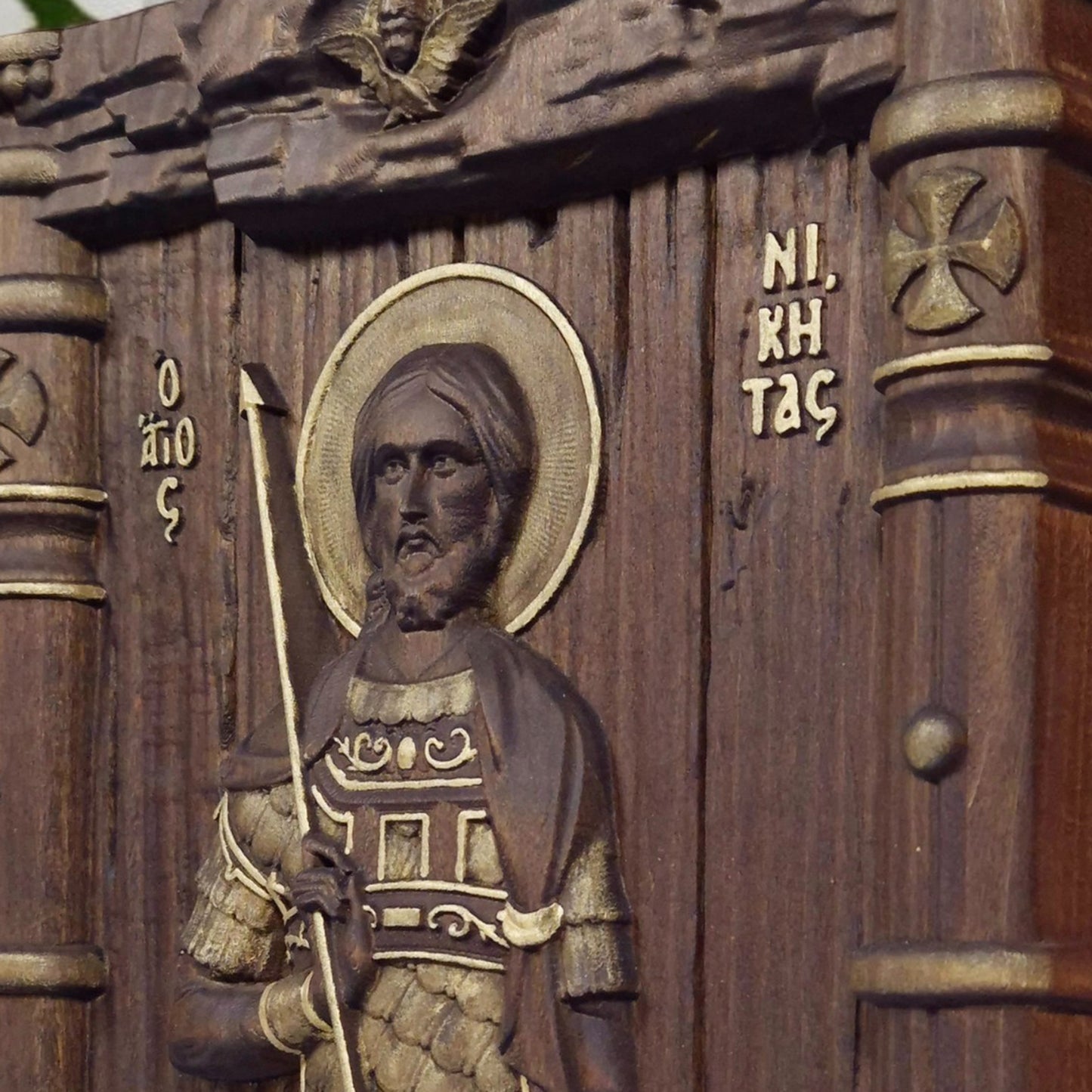 Saint Nikitas Wooden Carved Handcrafted Christian Religious Icon. Byzantine Home Wall Art Decor Gift. Orthodox Greek Woodcarving Sculpture.