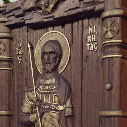 Saint Nikitas Wooden Carved Handcrafted Christian Religious Icon. Byzantine Home Wall Art Decor Gift. Orthodox Greek Woodcarving Sculpture.