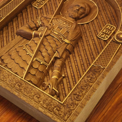 Saint Nikitas Wooden Carved Handcrafted Christian Religious Icon. Byzantine Home Wall Art Decor Gift. Orthodox Greek Woodcarving Sculpture.