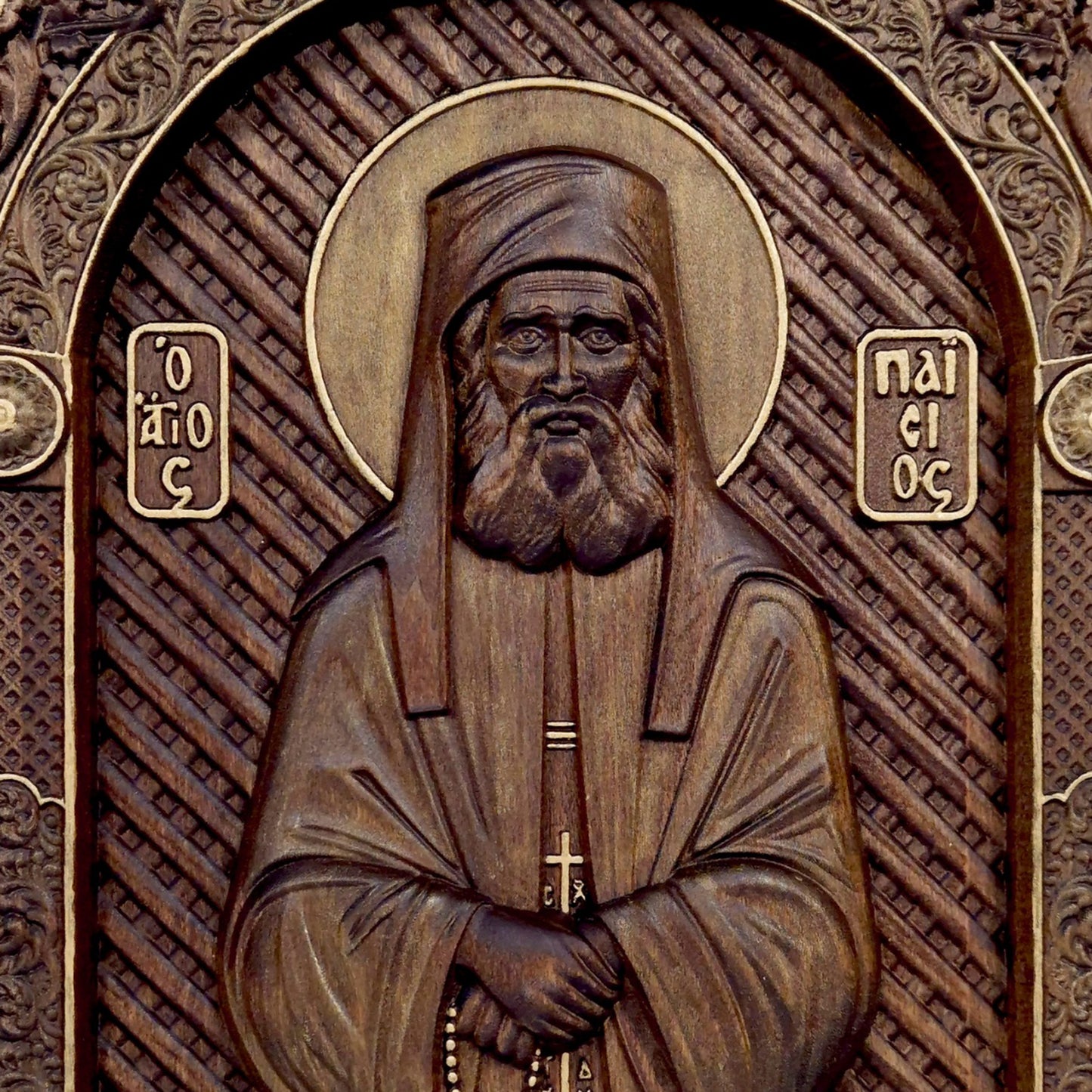 Saint Paisios of Mount Athos Wooden Carved Handcrafted Christian Religious Icon. Byzantine Home Wall Art Decor Gift. Orthodox Greek Woodcarving Sculpture.