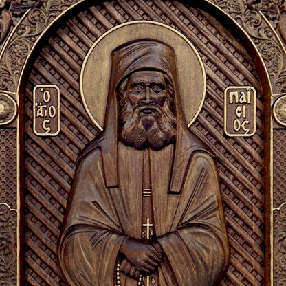 Saint Paisios of Mount Athos Wooden Carved Handcrafted Christian Religious Icon. Byzantine Home Wall Art Decor Gift. Orthodox Greek Woodcarving Sculpture.