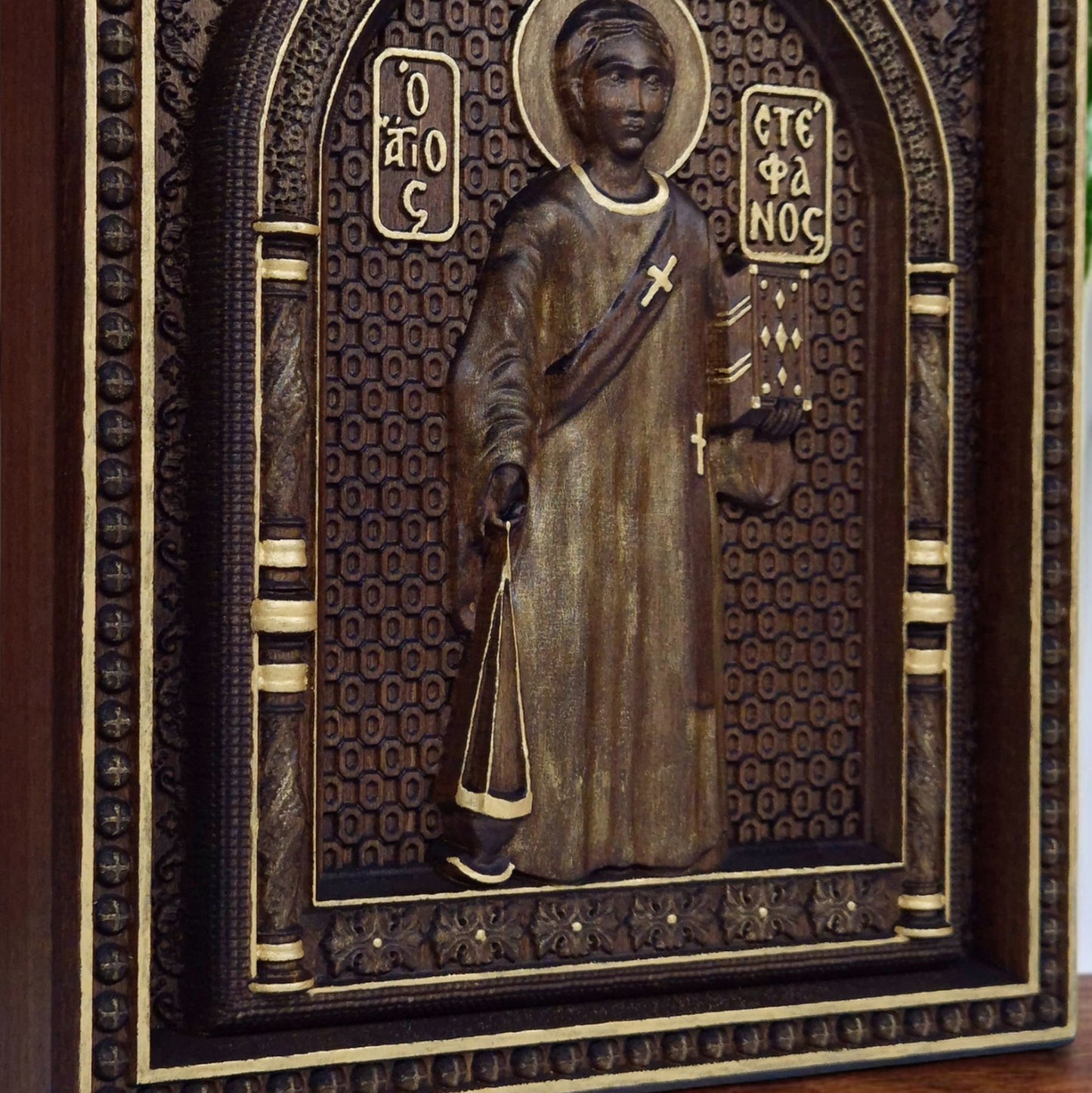 Saint Stephen Wooden Carved Handcrafted Christian Religious Icon. Byzantine Home Wall Art Decor Gift. Orthodox Greek Woodcarving Sculpture.