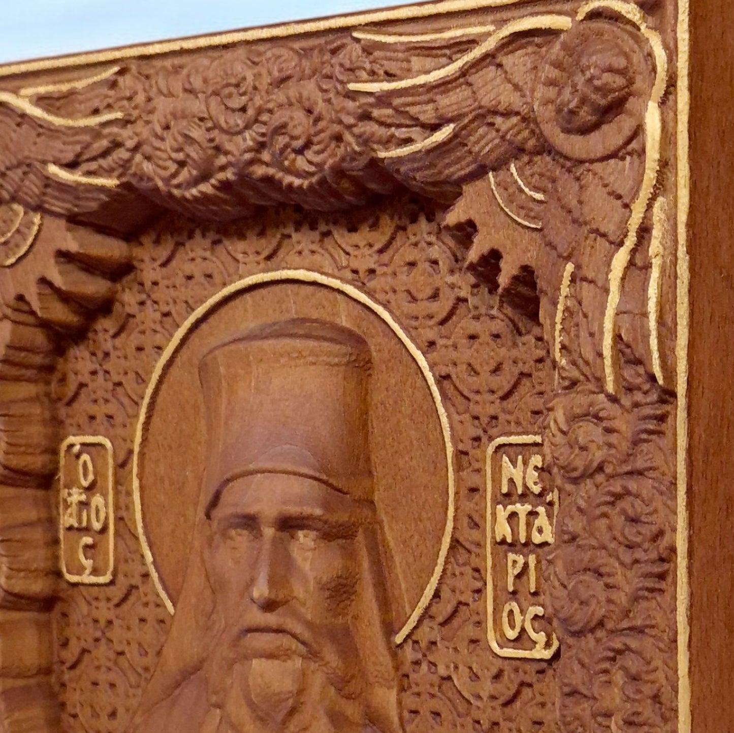Saint Nectarios of Aegina Wooden Carved Handcrafted Christian Religious Icon. Byzantine Home Wall Art Decor Gift. Orthodox Greek Woodcarving Sculpture.