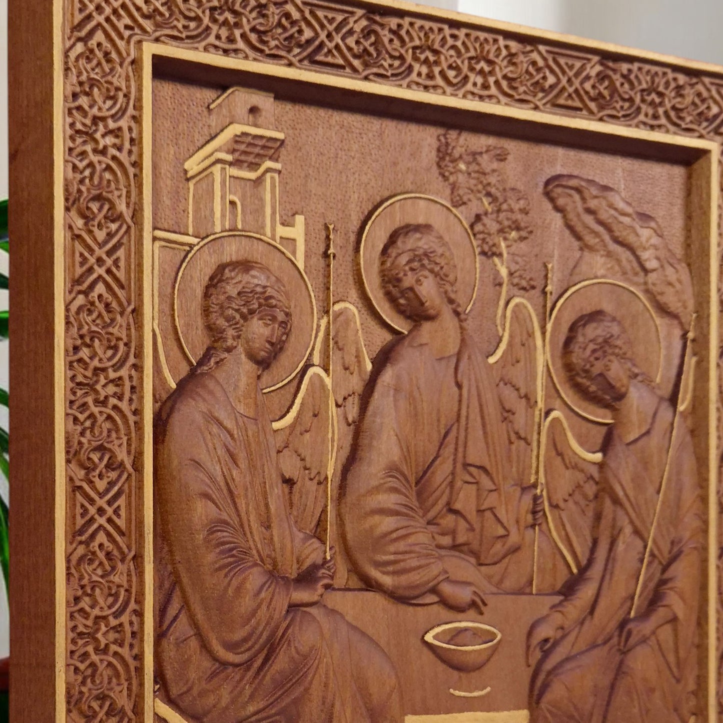 Holy Trinity Wooden Carved Handcrafted Christian Religious Icon. Byzantine Home Wall Art Decor Gift. Orthodox Greek Woodcarving Sculpture.