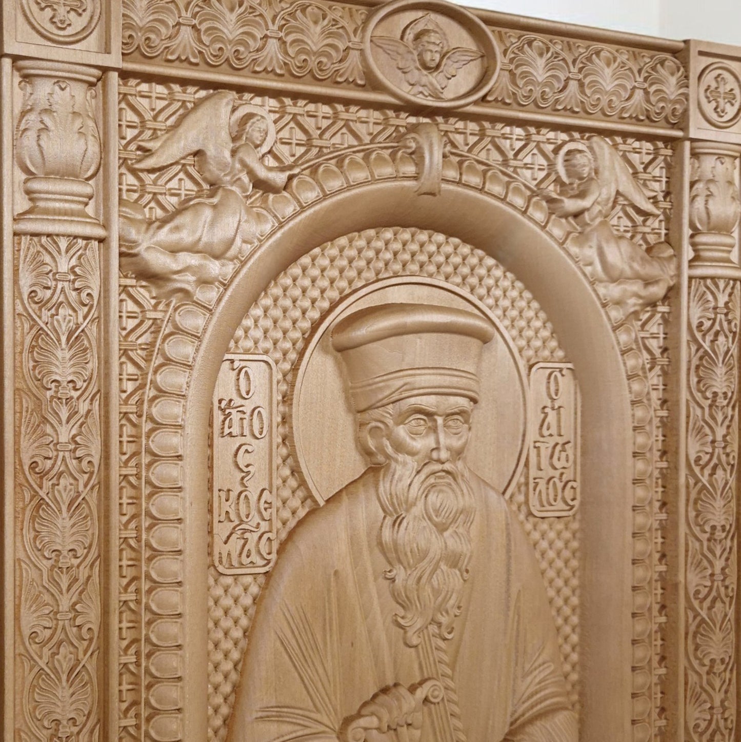 Saint Kosmas the Aetolian Wooden Carved Handcrafted Christian Religious Icon. Byzantine Home Wall Art Decor Gift. Orthodox Greek Woodcarving Sculpture.