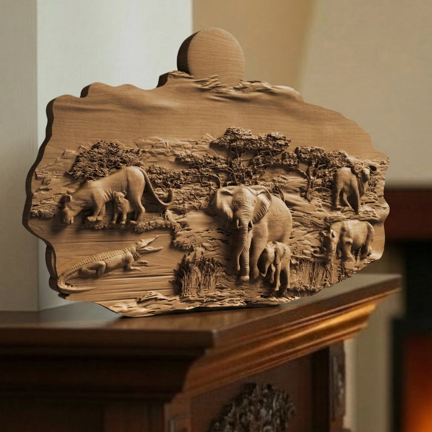 African Nature Scene Handmade Wooden Carving. Home Gift Wall Art Decor.
