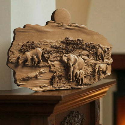 African Nature Scene Handmade Wooden Carving. Home Gift Wall Art Decor.