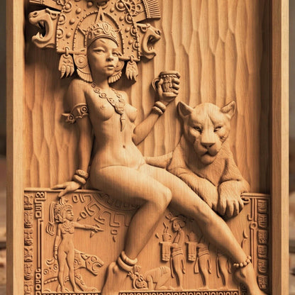 Aztec Woman Framed Bas Relief | Wooden Woman Carving | Sculptural Gift Idea