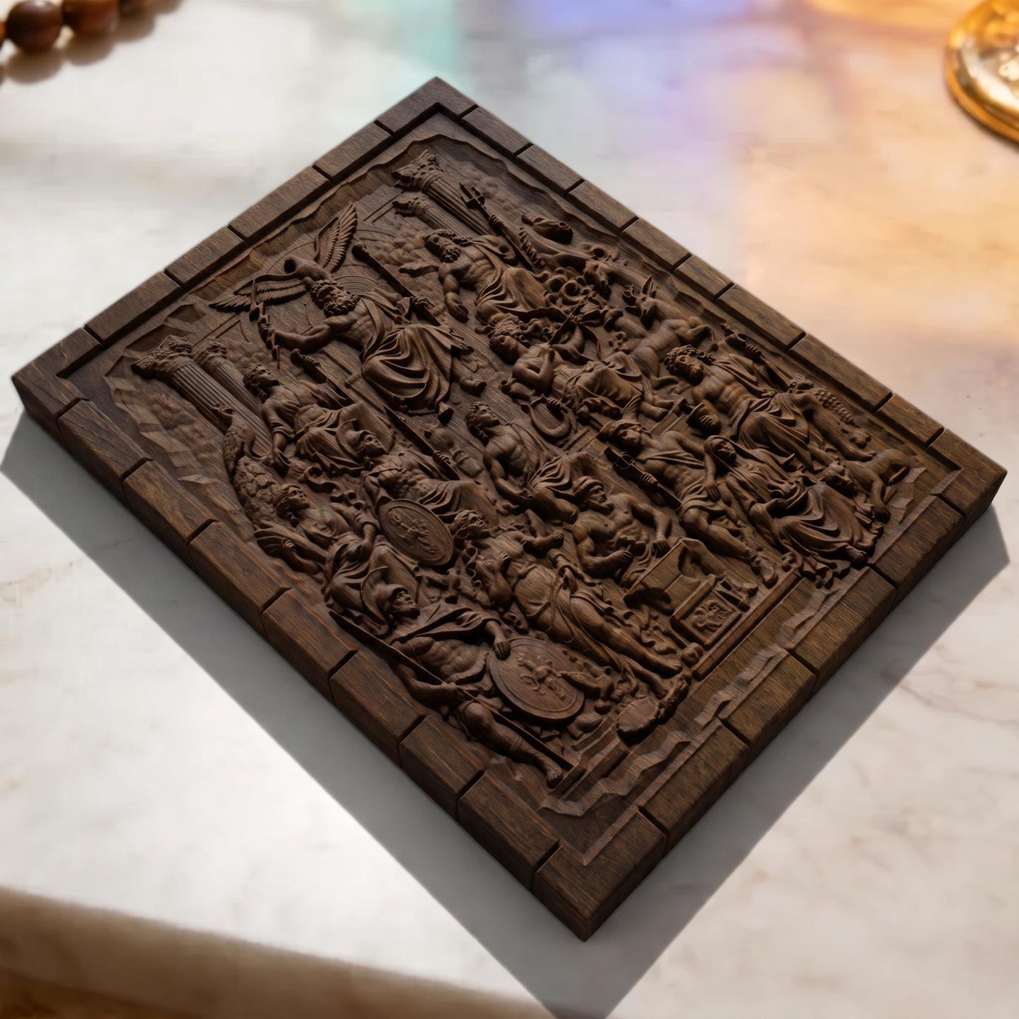 The Gathering of Olympian Gods 3D Wooden Bas Relief Panel Art Sculptural Gift Idea Cretan Holy Carvings