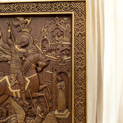 Saint George Wooden Carved Handcrafted Christian Religious Icon. Byzantine Home Wall Art Decor Gift. Orthodox Greek Woodcarving Sculpture.