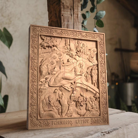 Nativity of Jesus Wooden Carved Handcrafted Christian Religious Icon. Byzantine Home Wall Art Decor Gift. Orthodox Greek Woodcarving Sculpture.