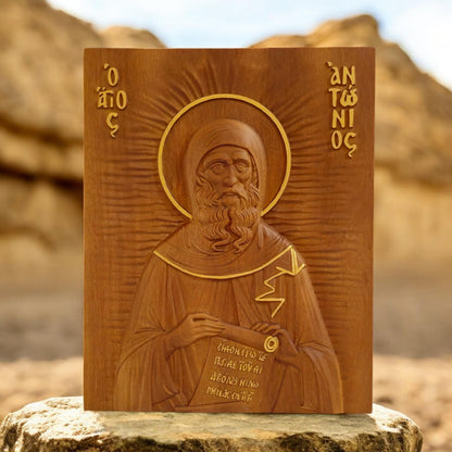 Saint Anthony the Great Wooden Carved Handmade Christian Icon. Byzantine Greek Orthodox Home Decor.