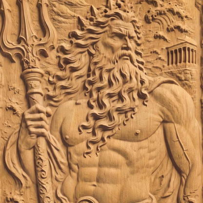 Poseidon God of Olympus from Ancient Greek Mythology 3D Wooden Bas Relief Panel Art Sculptural Gift Idea Cretan Holy Carvings