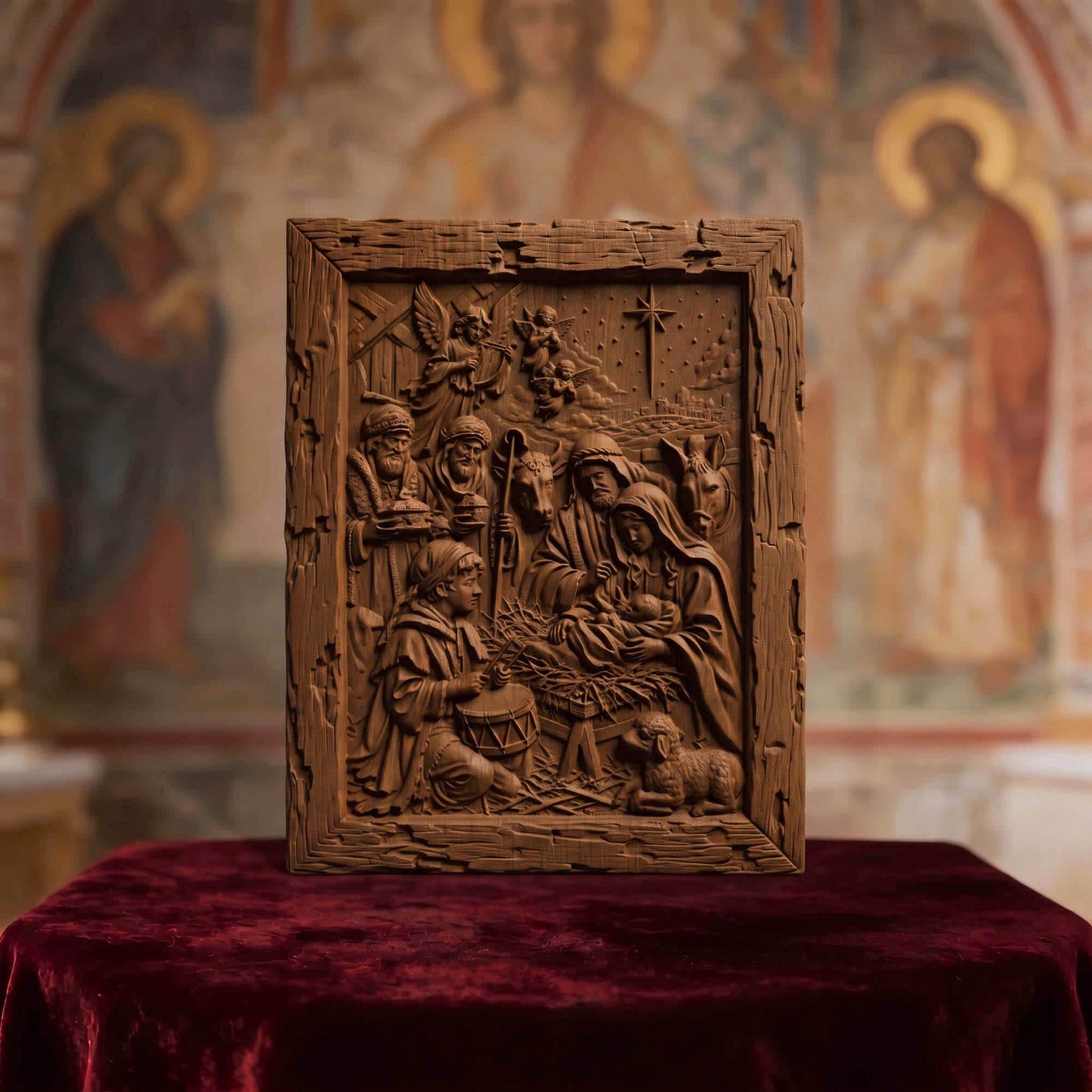 The Birth of Jesus Wooden Carved Handmade Christian Icon  Byzantine Greek Orthodox Home Decor Cretan Holy Carvings