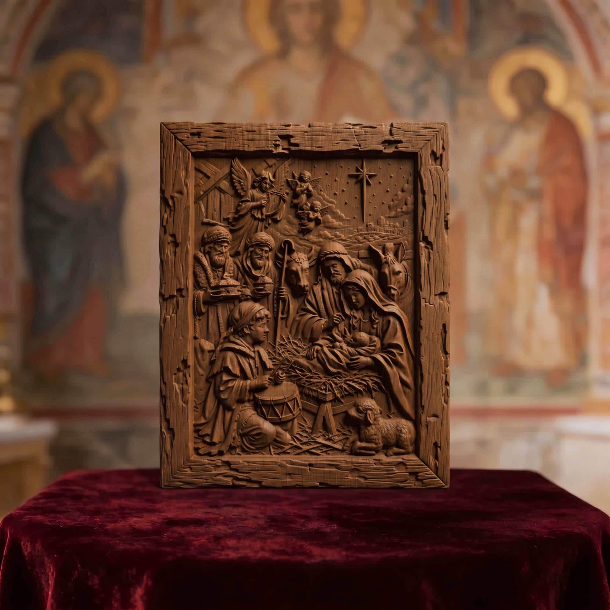 The Birth of Jesus Wooden Carved Handmade Christian Icon  Byzantine Greek Orthodox Home Decor Cretan Holy Carvings