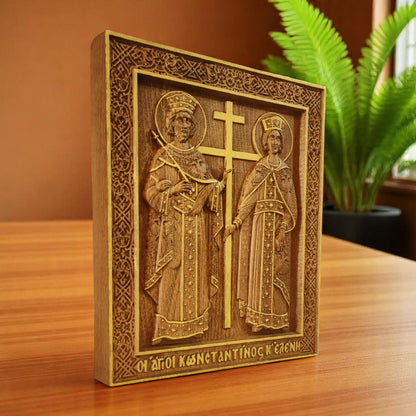 Saints Constantine and Helena Wooden Carved Handcrafted Christian Religious Icon. Byzantine Home Wall Art Decor Gift. Orthodox Greek Woodcarving Sculpture.