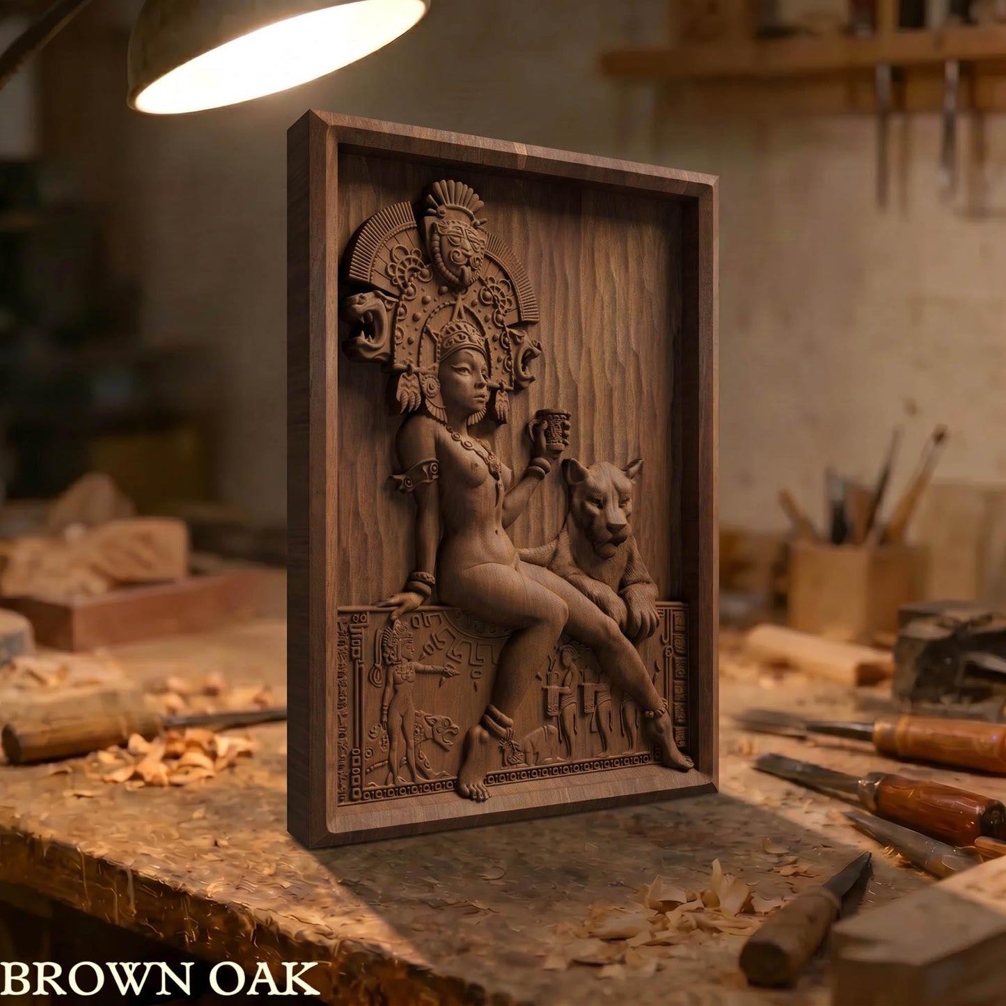 Aztec Woman Framed Bas Relief | Wooden Woman Carving | Sculptural Gift Idea