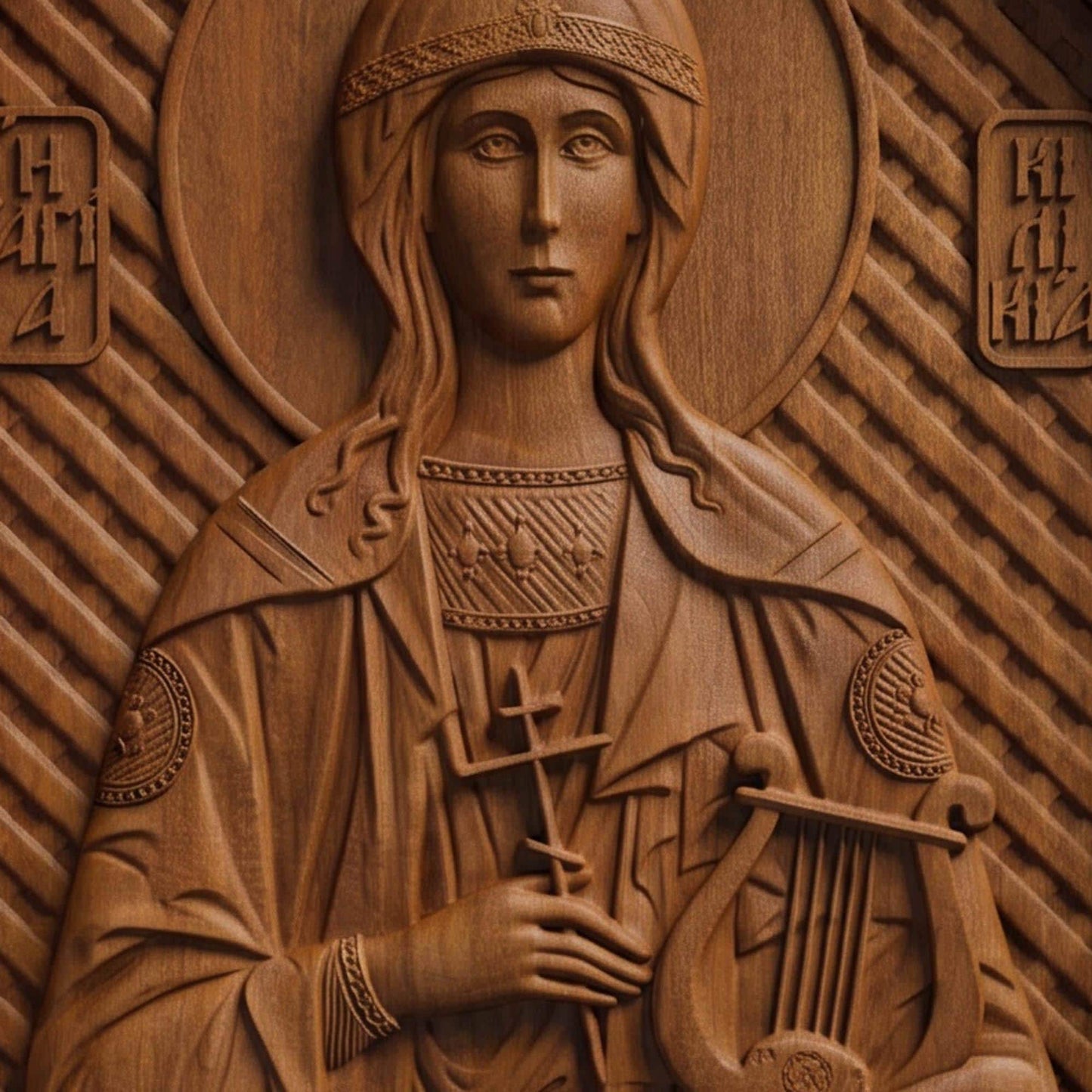 Saint Cecilia Patron Saint of Musicians Wooden Carved Handmade Christian Icon | Byzantine Greek Orthodox Home Art Decor