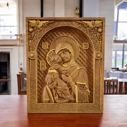 Virgin Mary Mother of God Wooden Carved Handmade Christian Icon. Byzantine Greek Orthodox Decor.