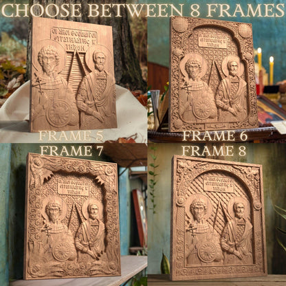 Saints Theodore Tyron and Stratelates Wooden Carved Handcrafted Christian Religious Icon. Byzantine Home Wall Art Decor Gift. Orthodox Greek Woodcarving Sculpture.