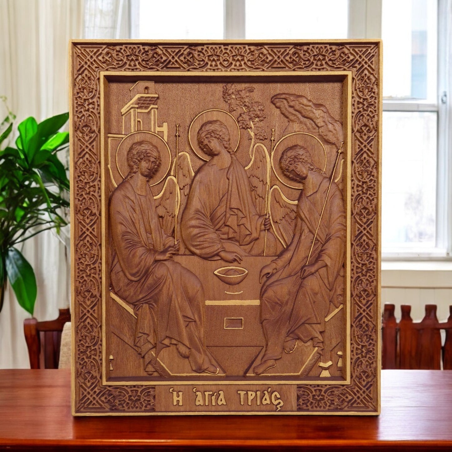 Holy Trinity Wooden Carved Handcrafted Christian Religious Icon. Byzantine Home Wall Art Decor Gift. Orthodox Greek Woodcarving Sculpture.