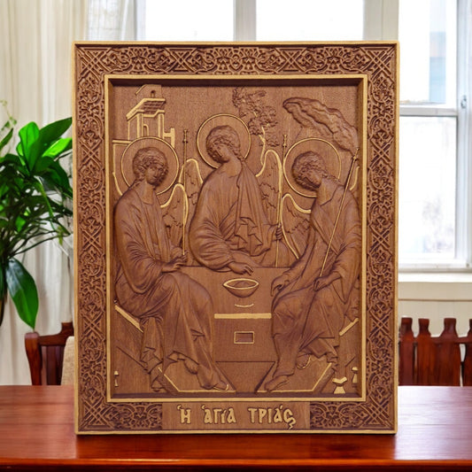 Holy Trinity Wooden Carved Handcrafted Christian Religious Icon. Byzantine Home Wall Art Decor Gift. Orthodox Greek Woodcarving Sculpture.