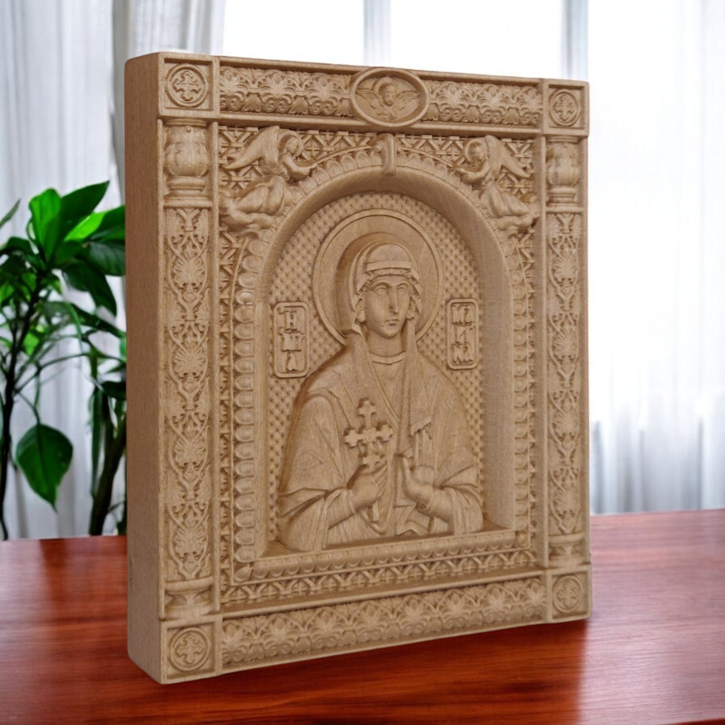 Saint Marina Wooden Carved Handcrafted Christian Religious Icon. Byzantine Home Wall Art Decor Gift. Orthodox Greek Woodcarving Sculpture.
