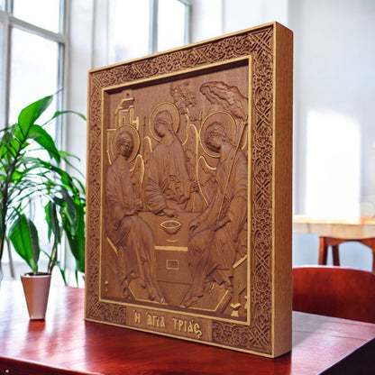 Holy Trinity Wooden Carved Handcrafted Christian Religious Icon. Byzantine Home Wall Art Decor Gift. Orthodox Greek Woodcarving Sculpture.