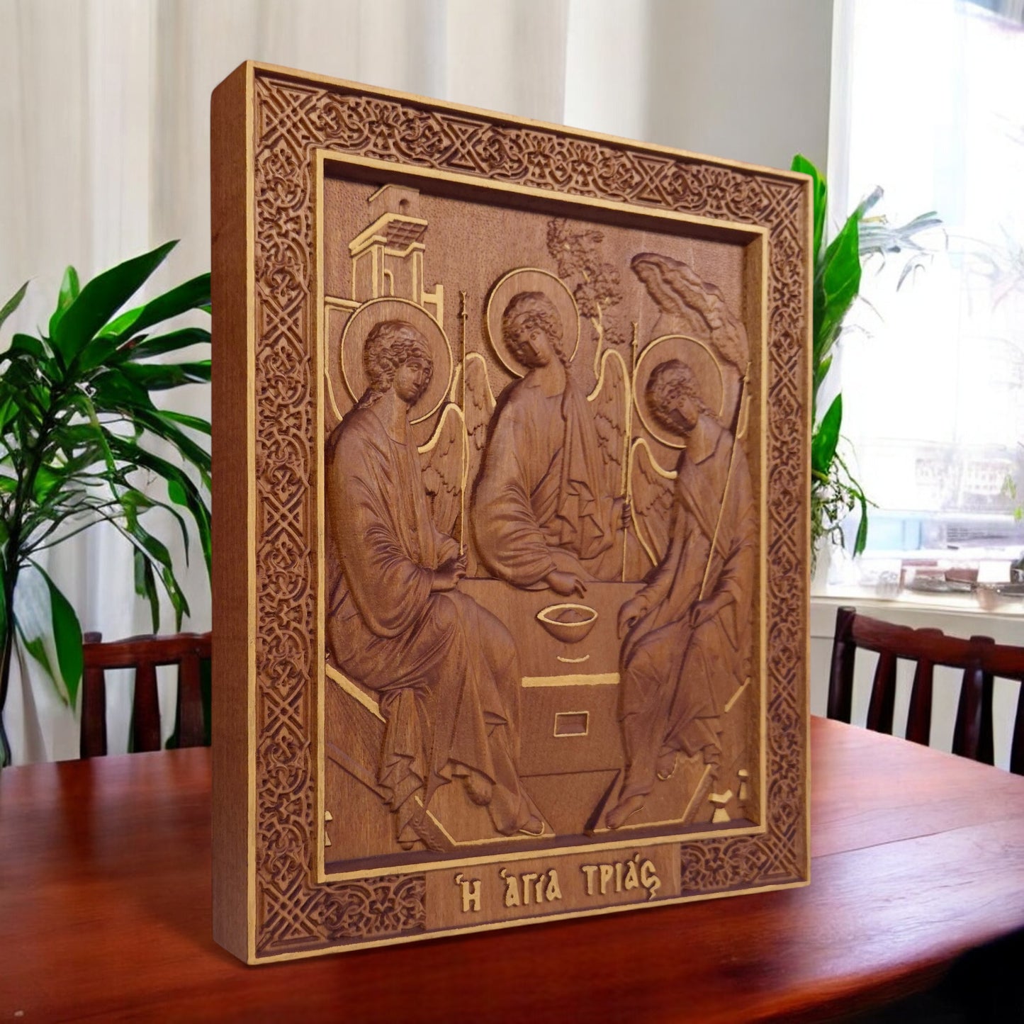 Holy Trinity Wooden Carved Handcrafted Christian Religious Icon. Byzantine Home Wall Art Decor Gift. Orthodox Greek Woodcarving Sculpture.