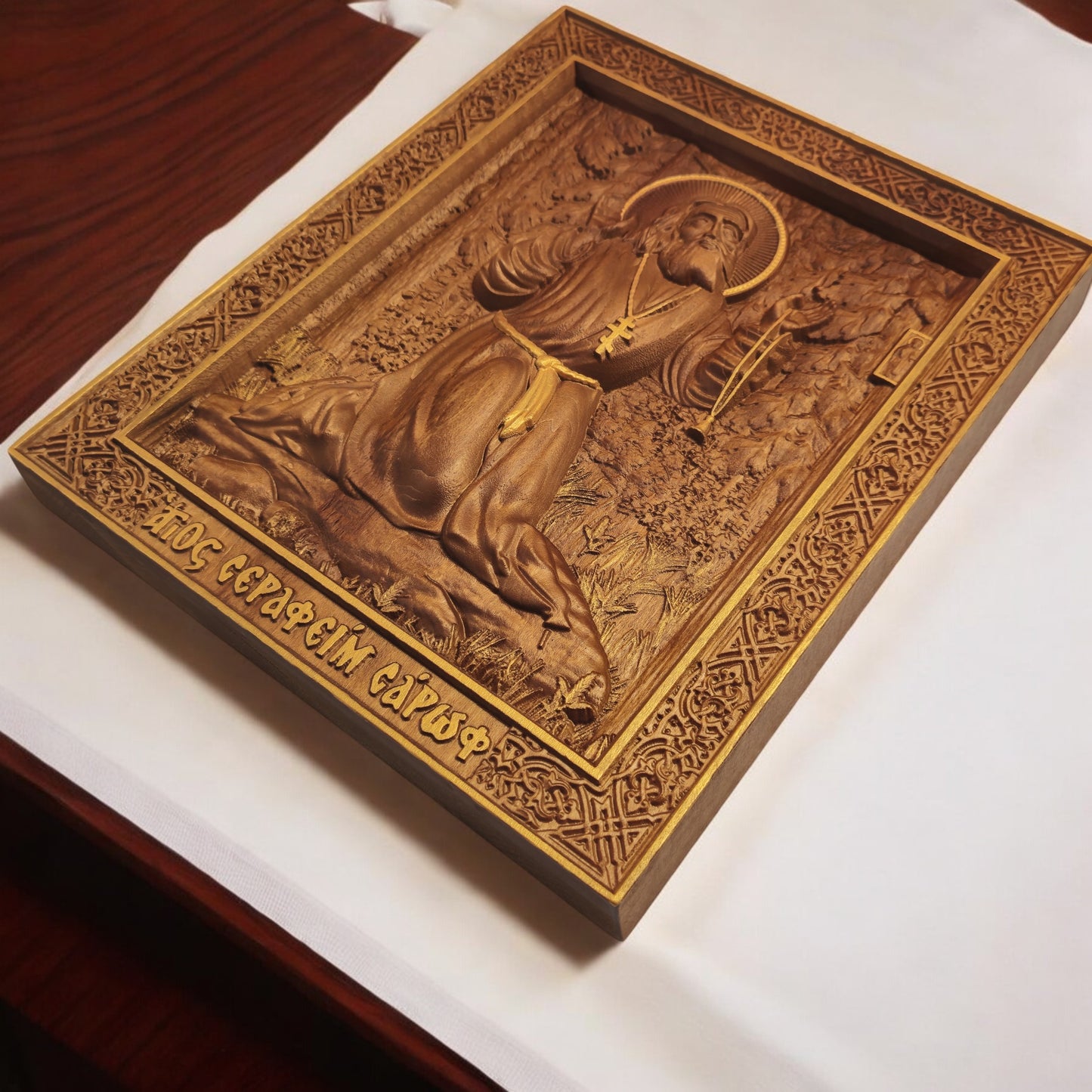 Saint Seraphim of Sarov Wooden Carved Handcrafted Christian Religious Icon. Byzantine Home Wall Art Decor Gift. Orthodox Greek Woodcarving Sculpture.