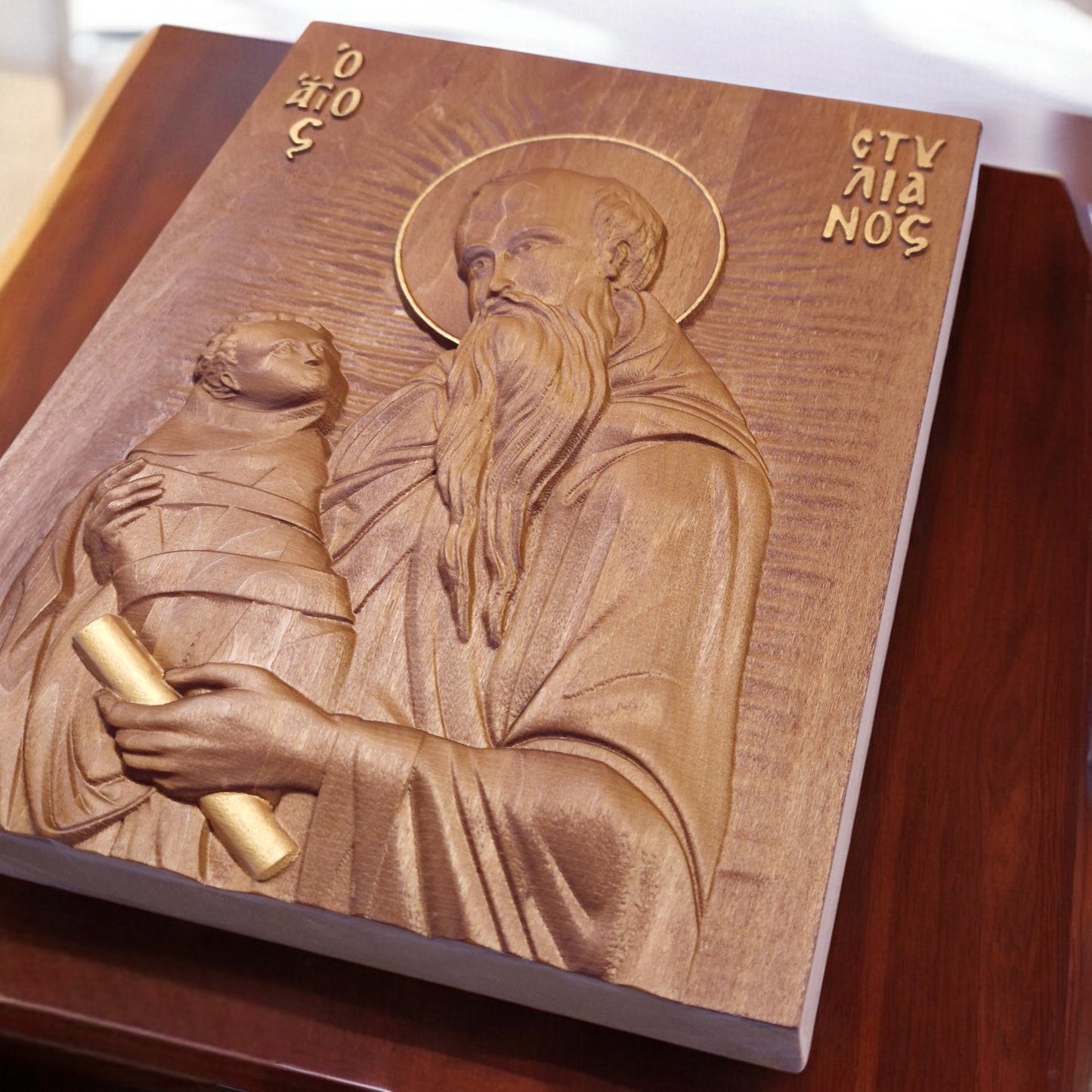 Saint Stylianos Wooden Carved Handcrafted Christian Religious Icon. Byzantine Home Wall Art Decor Gift. Orthodox Greek Woodcarving Sculpture.