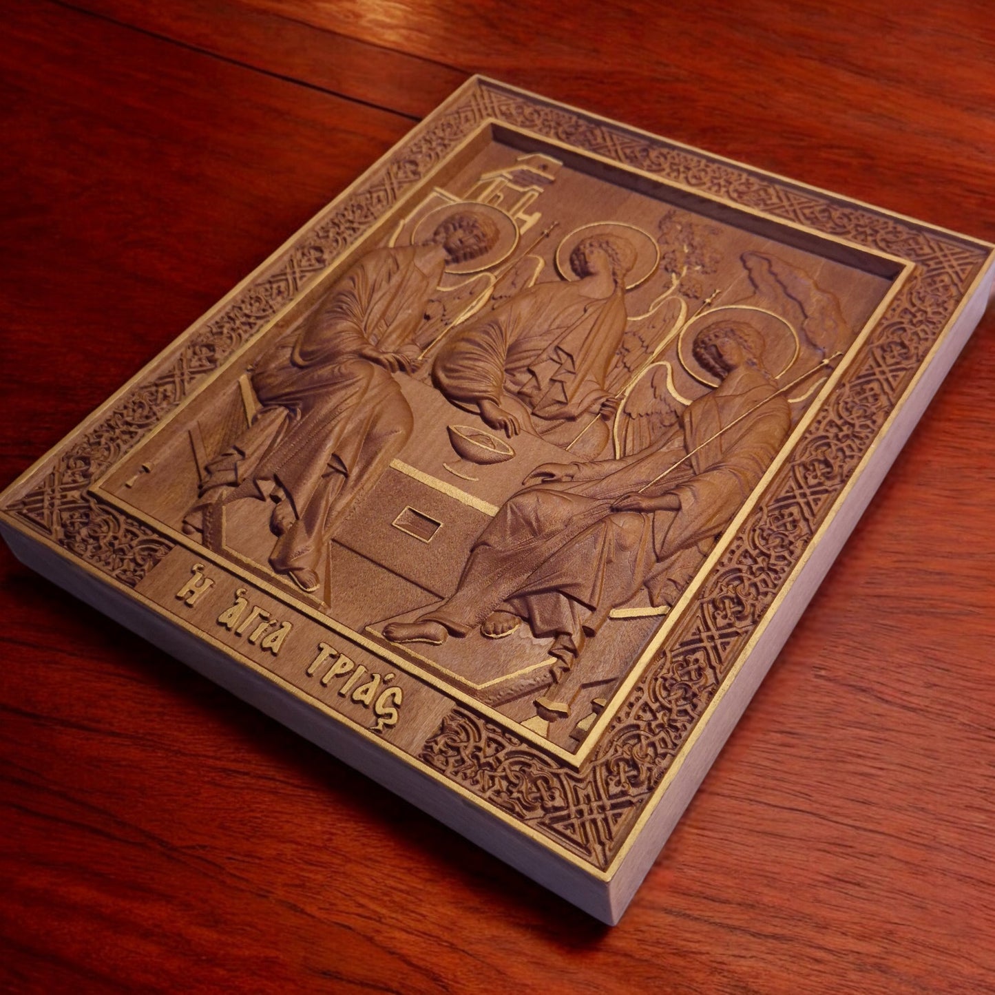 Holy Trinity Wooden Carved Handcrafted Christian Religious Icon. Byzantine Home Wall Art Decor Gift. Orthodox Greek Woodcarving Sculpture.