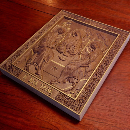 Holy Trinity Wooden Carved Handcrafted Christian Religious Icon. Byzantine Home Wall Art Decor Gift. Orthodox Greek Woodcarving Sculpture.