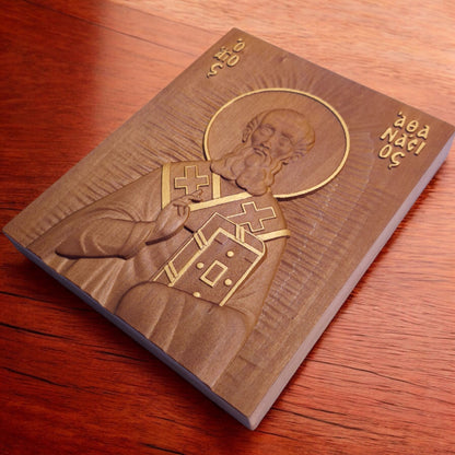 Saint Athanasius of Alexandria Wooden Carved Handcrafted Christian Religious Icon. Byzantine Home Wall Art Decor Gift. Orthodox Greek Woodcarving Sculpture.