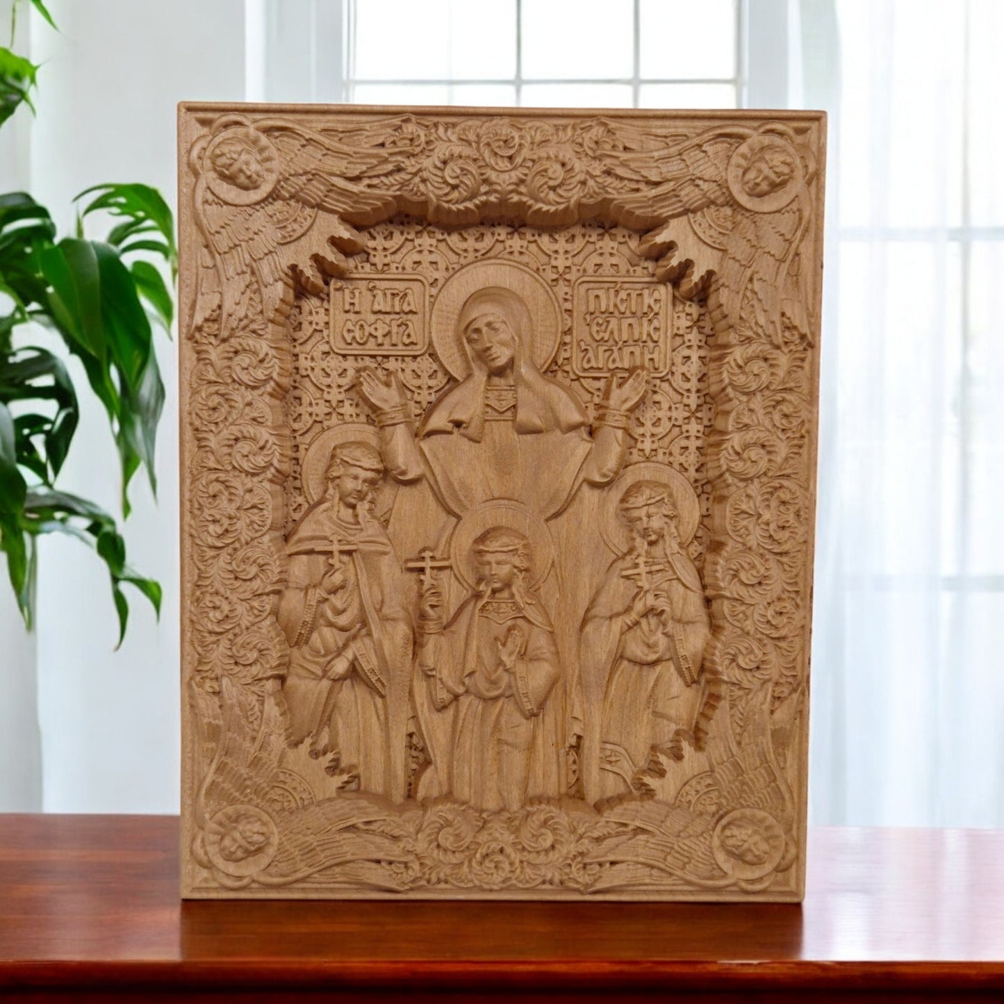 Saints Sophia Faith Hope Love Wooden Carved Handcrafted Christian Religious Icon. Byzantine Home Wall Art Decor Gift. Orthodox Greek Woodcarving Sculpture.