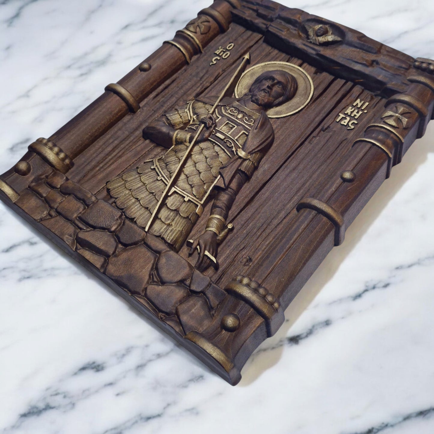 Saint Nikitas Wooden Carved Handcrafted Christian Religious Icon. Byzantine Home Wall Art Decor Gift. Orthodox Greek Woodcarving Sculpture.
