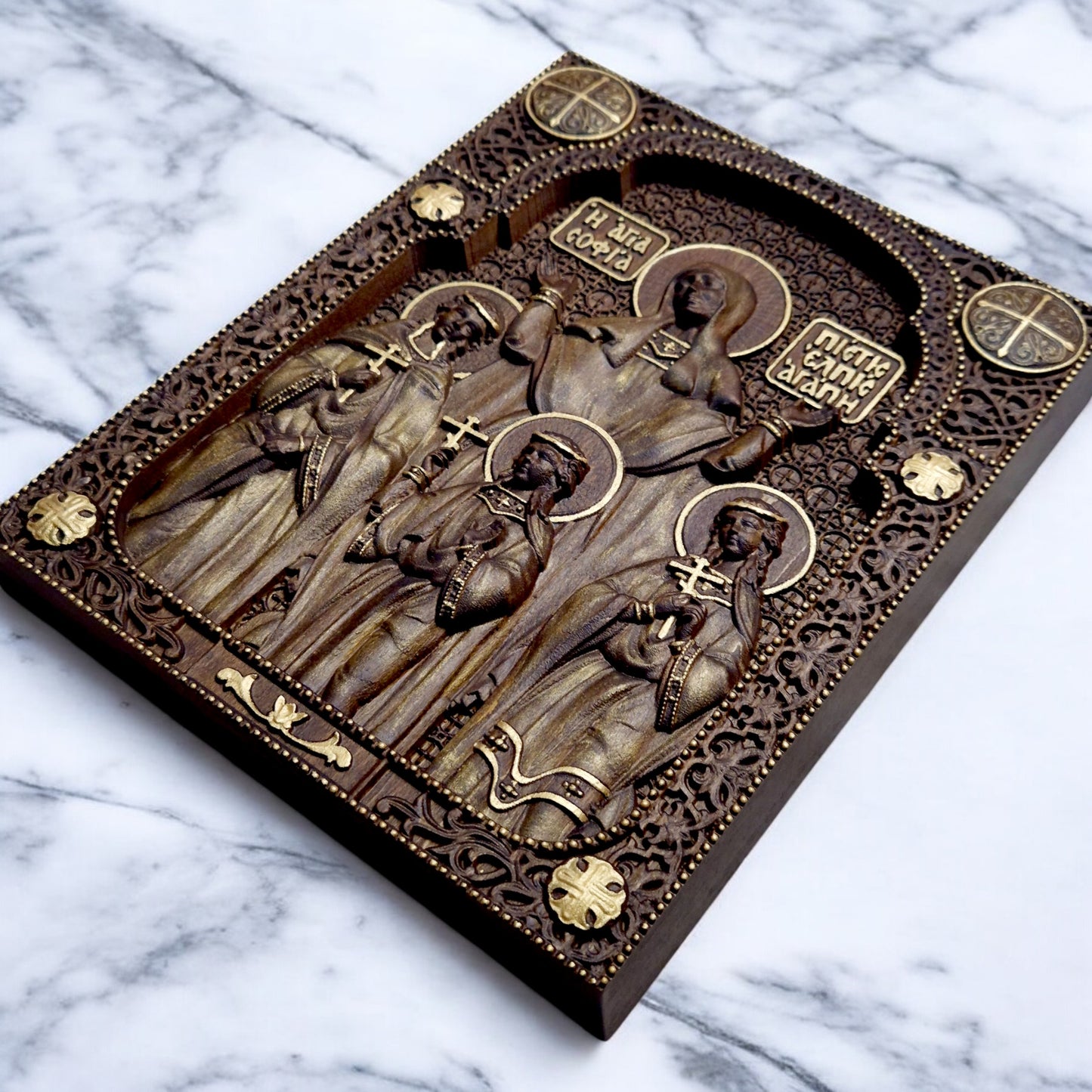 Saints Sophia Faith Hope Love Wooden Carved Handcrafted Christian Religious Icon. Byzantine Home Wall Art Decor Gift. Orthodox Greek Woodcarving Sculpture.