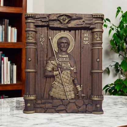 Saint Nikitas Wooden Carved Handcrafted Christian Religious Icon. Byzantine Home Wall Art Decor Gift. Orthodox Greek Woodcarving Sculpture.