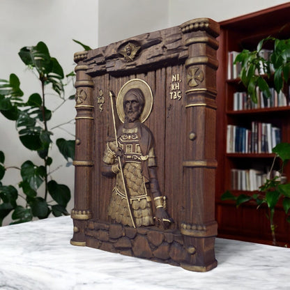 Saint Nikitas Wooden Carved Handcrafted Christian Religious Icon. Byzantine Home Wall Art Decor Gift. Orthodox Greek Woodcarving Sculpture.
